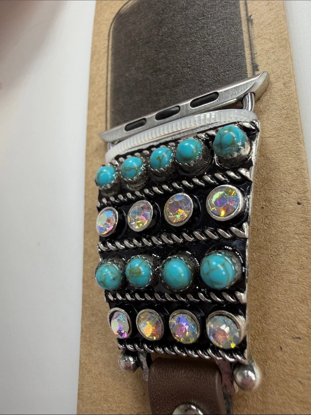 Brown Leather watch Band with Turquoise Beading 42mm~45mm